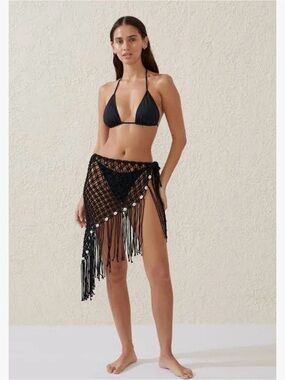 Black Fringe Crochet Sarong Cover-Up - Women's Swim